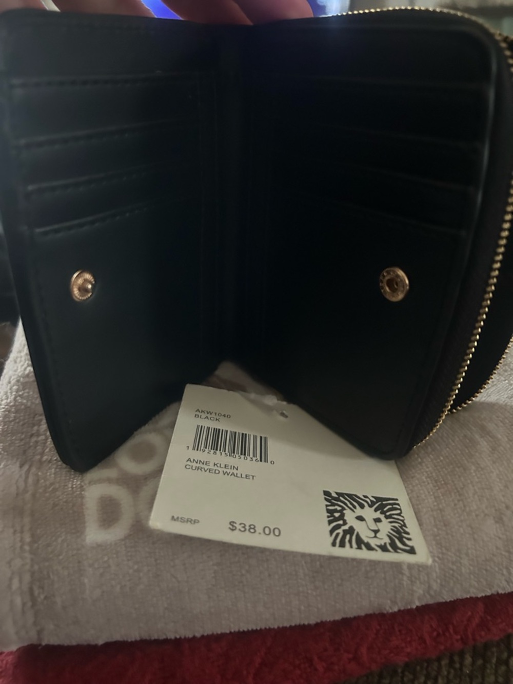 Anne Klein Black Leather Zip-Around Wallet with Gold Logo - Picture 4 of 7